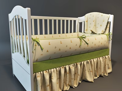 White Baby Crib With Animal Print Bedding Green Ribbons And Ruffled Skirt 3d model
