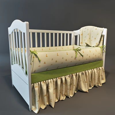 White Baby Crib With Animal Print Bedding Green Ribbons And Ruffled Skirt 3d model