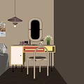 Stylish Modern Dressing Table with Oval Mirror Chair Cosmetics Flower Vase and Lamp in Bedroom