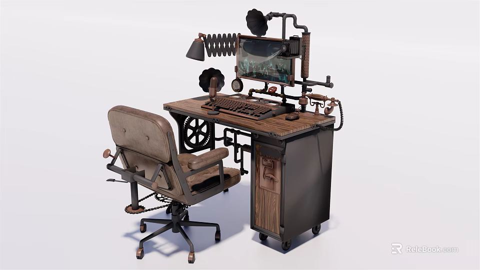 Steampunk Office Desk With Wooden Top Metal Frame Computer Monitor And Leather Chair 3d model 