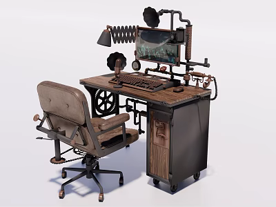 Steampunk Office Desk With Wooden Top Metal Frame Computer Monitor And Leather Chair 3d model