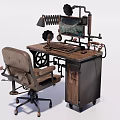 Steampunk Office Desk With Wooden Top Metal Frame Computer Monitor And Leather Chair