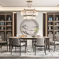 Elegant Chinese Style Restaurant Interior With Circular Wall Art Chandelier Dining Table And Bookshelves
