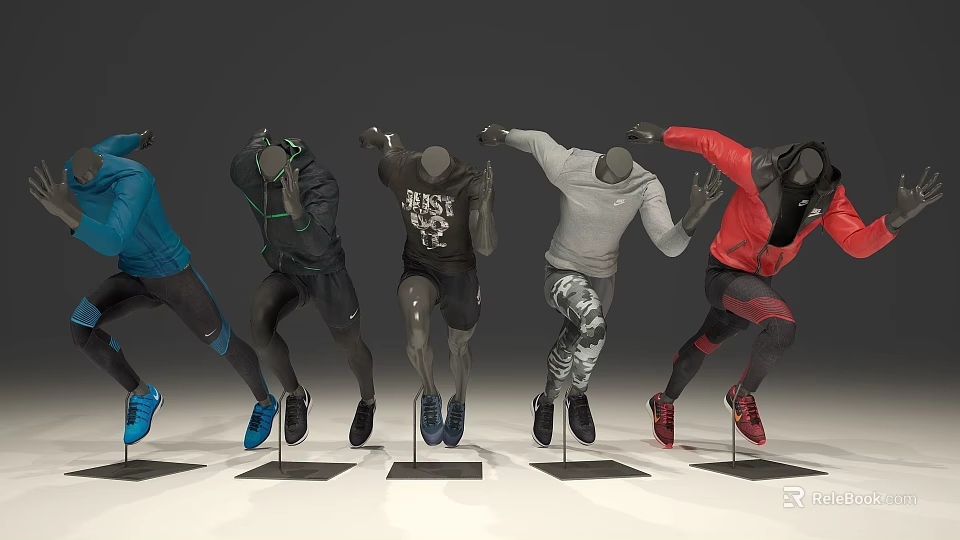Headless Sportswear Models in Running Poses with Different Colors on Display Stands 3d model 