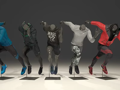 Headless Sportswear Models in Running Poses with Different Colors on Display Stands 3d model