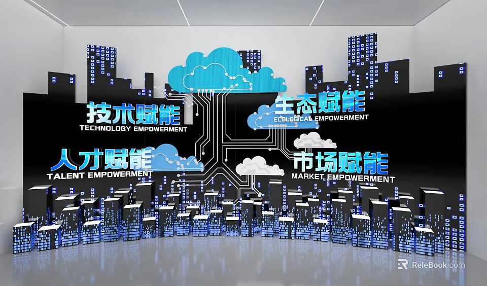 Technology Ecosystem Talent Market Empowerment Forum With Cloud City Circuit Board And Chairs 3d model 