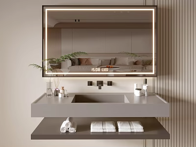 Modern Bathroom Vanity Cabinet With LED Mirror Integrated Sink Toiletries And Towels 3d model