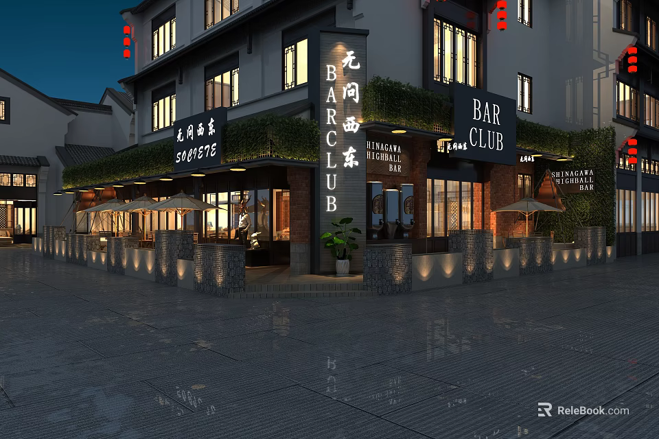 Chinese Style Bar Club Exterior With Red Lanterns Green Plants And Outdoor Seating At Night 3d model 