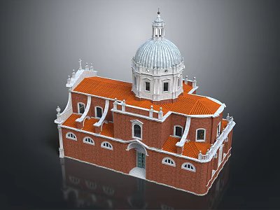 Historic Building with Dome Red Brick Walls Orange Roof Arched Windows and Decorative Details 3d model