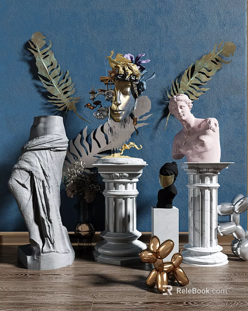 Artistic Sculpture Display Featuring Golden Mask Pink Bust And Gray Draped Figures On Pedestals 3d model 