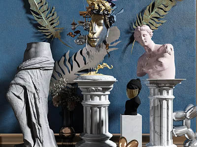 Artistic Sculpture Display Featuring Golden Mask Pink Bust And Gray Draped Figures On Pedestals 3d model