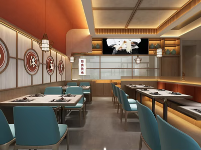 Modern Restaurant Interior With Blue Chairs Wooden Tables And Circular Wall Decorations 3d model