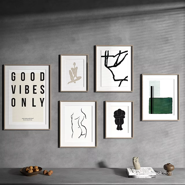 Minimalist Gallery Wall With Framed Abstract Prints And Good Vibes Quote 3d model 