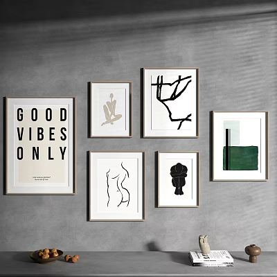 Minimalist Gallery Wall With Framed Abstract Prints And Good Vibes Quote 3d model