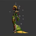 Traditional Chinese Female Character in Green Red Outfit with Headdress and Floating Spirit Orbs