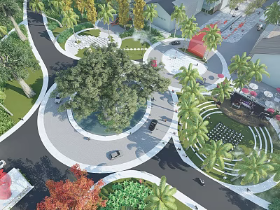 Aerial View of Modern Plaza Landscape with Trees Lawns Circular Paths and Recreational Areas 3d model