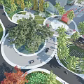 Aerial View of Modern Plaza Landscape with Trees Lawns Circular Paths and Recreational Areas
