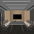 Modern Conference Room Interior With Large Windows Long Table Multiple Chairs And Wall Mounted TV 3d model