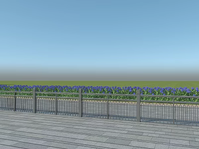Metal Fence With Blue Flowers Along Wooden Deck And Green Grass Background 3d model
