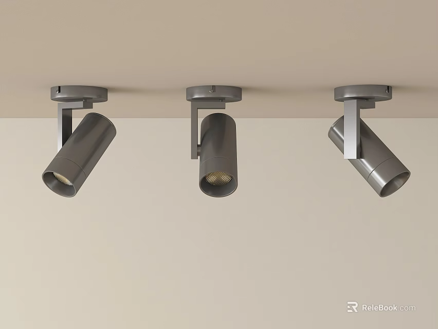 Three Modern Sleek Metallic Recessed Spotlights Mounted On Ceiling For Illumination 3d model 