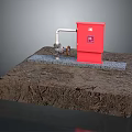 Industrial Red Control Box With Connected Pipes Valve And Concrete Base