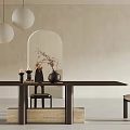 Stylish Dark Wood Dining Table Set with Four Chairs Vase Candles and White Pendant Lights