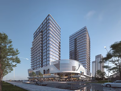 Modern Commercial Street with Tall Buildings Shopping Mall Urban Landscape Trees and Cars 3d model