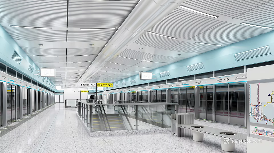 Modern Subway Station Platform With Subway Train Escalator White Blue Ceiling Lighting And Bench 3d model 