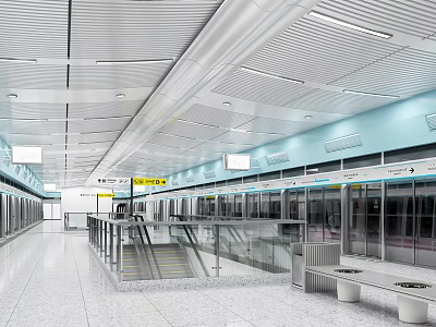 Modern Subway Station Platform With Subway Train Escalator White Blue Ceiling Lighting And Bench 3d model