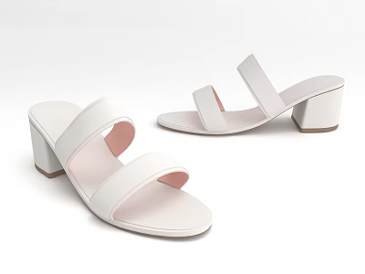 Elegant White Open Toe Block Heel Slippers With Double Strap Design 3d model