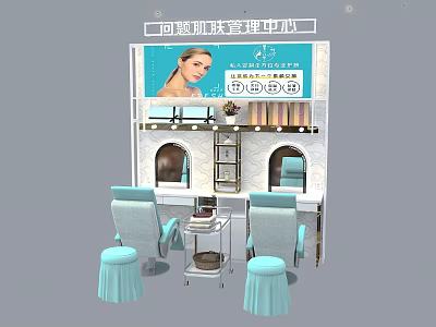 Beauty Center Display Shelves Showcasing Skincare Products With Elegant Design Near Beauty Chairs And Stools 3d model