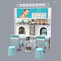 Beauty Center Display Shelves Showcasing Skincare Products With Elegant Design Near Beauty Chairs And Stools