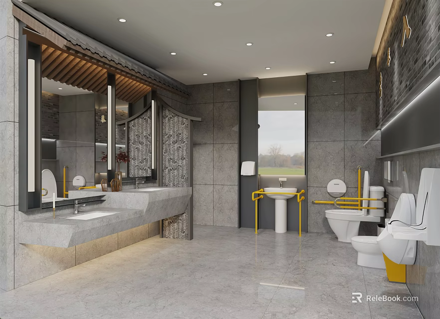Public Restroom Modern Design With Gray Tiles Washbasins Mirrors And Yellow Handrails 3d model 