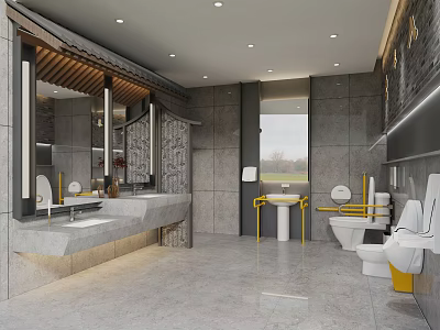 Public Restroom Modern Design With Gray Tiles Washbasins Mirrors And Yellow Handrails 3d model