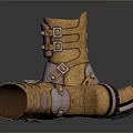 Stylish Brown Boots with Metal Buckles and Straps Crossed on Dark Background