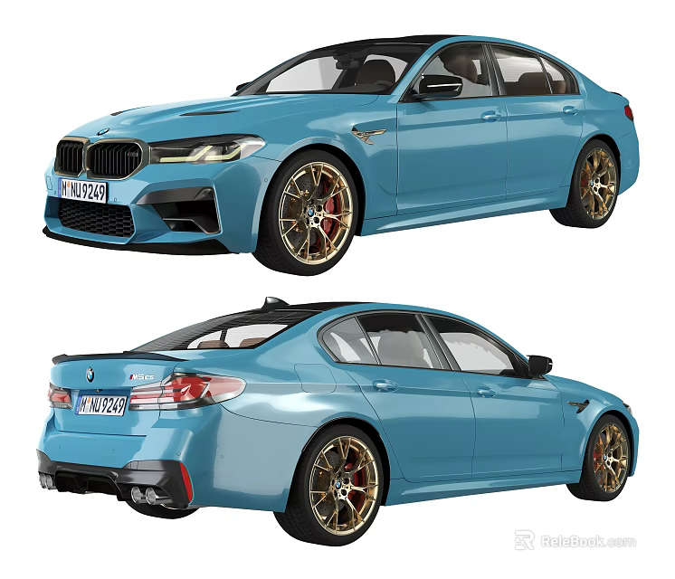 Blue BMW M5 Car Front Rear View With Sporty Design And Golden Wheels 3d model 