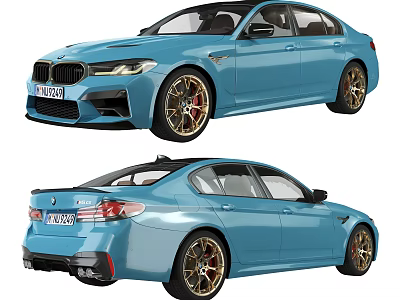 Blue BMW M5 Car Front Rear View With Sporty Design And Golden Wheels 3d model