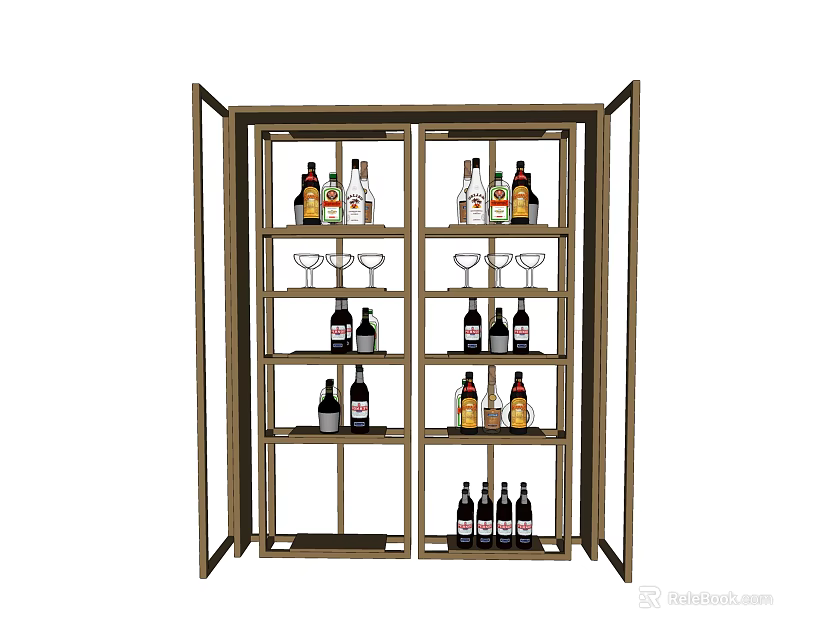 Modern Wine Cabinet With Open Doors Multiple Shelves Wine Bottles And Glasses 3d model 