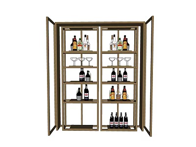 Modern Wine Cabinet With Open Doors Multiple Shelves Wine Bottles And Glasses 3d model