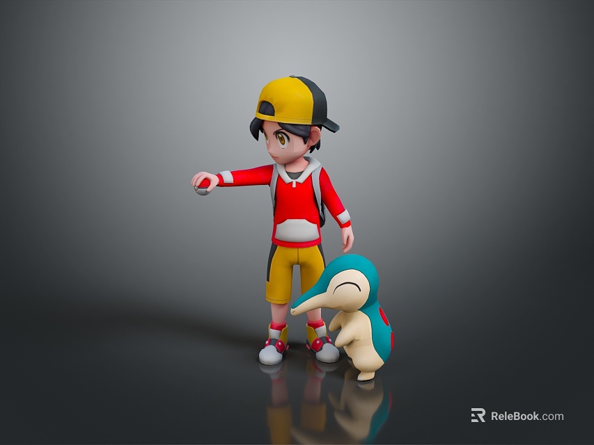 Game Character Boy Wearing Yellow Cap Red Shirt Yellow Shorts With Small Blue White Creature 3d model 