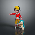 Game Character Boy Wearing Yellow Cap Red Shirt Yellow Shorts With Small Blue White Creature
