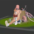 Girl In Pink Hat Orange Hair Sitting On Green Grass With Bicycle Backpack Red Notebook