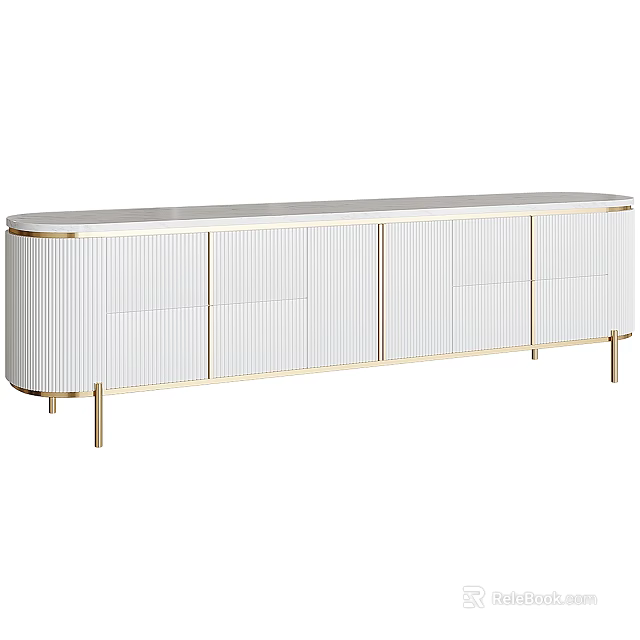 Elegant Modern White TV Stand With Gold Frame Striped Panels And Drawers For Living Room 3d model 