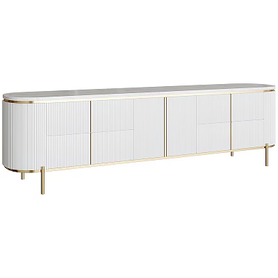 Elegant Modern White TV Stand With Gold Frame Striped Panels And Drawers For Living Room 3d model
