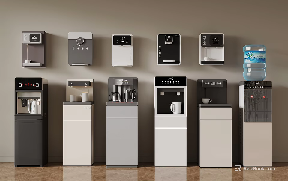 Collection Of Water Dispensers With Wall Mounted And Floor Standing Designs In Various Colors 3d model 