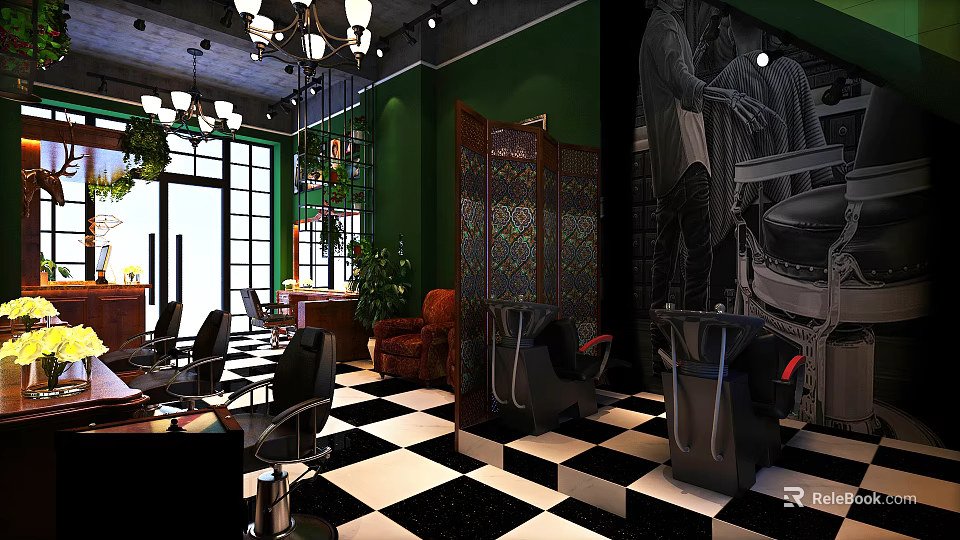 Stylish Hair And Beauty Salon Interior With Black White Checkered Floor Styling Chairs And Chandeliers 3d model 