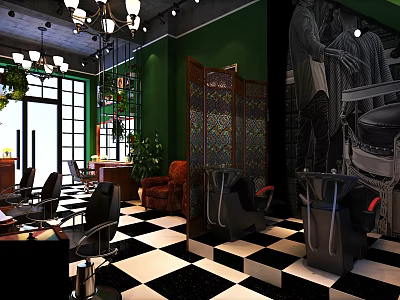 Stylish Hair And Beauty Salon Interior With Black White Checkered Floor Styling Chairs And Chandeliers 3d model