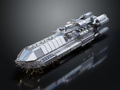 Futuristic Silver Spaceship Model With Intricate Structure And Detailed Surface On Black Reflective Surface 3d model