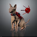 Sphynx Cat With Blue Harness And Red Spiked Ball Attached By Chain