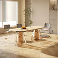 Modern Dining Table Set with Wooden Top Copper Legs Checkerboard Pattern Chairs and Green Plant
